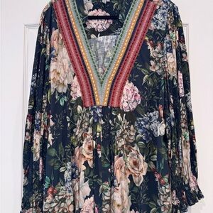 Bl^nk London x Anthropologie Blue Green Floral V-Neck Size 2X